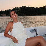 Stacked Decorative Sleeveless Halter Neck Short Dress New Fashion Chic Beige Party Dress Backless Vacation Summer Dresses