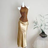 Pbong   Luxury Evening Party Golden Two-piece Skirts Sets Sexy Backless Halter Tops Korean Fashion High Waist Mermaid Skirts Suits