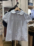 Red Striped Slim T-Shirt Blouse Woman Summer Lace Trim Peter pan Collar Single Breasted Short Sleeve Tee Sweet Cotton Shirt Y2k
