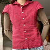 Preppy Vintage Gingham T Shirt Women Y2k Short Sleeve Button Up Shirt 90s Coquette V Neck Slim Fitted Blouse Casual Crop Tops