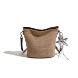Pbong  Women Summer Straw Crossbody Purse with PU Adjustable Strap Travel Bucket Bag for Beach Vacation Travel