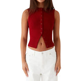 Women Tank Tops y2k Clothing Summer Solid Color Round Neck Sleeveless Button Down T Shirts Vest 2000s Aesthetic Clothes