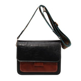 Retro Oil Pu Leather Contrasting Color Autumn Wide Shoulder Strap Single Shoulder Crossbody Small Square Bag for Women