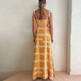Pbong  Orange Print Lace-up Maxi Dress Women Sexy Waist Cut-out Backless Flowy Long Dresses Beach Style Boho Cami Sundress