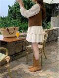 Casual Beige Vacation Spring Summer Outfits Lantern Sleeve Blouse And Short Skirt Two Piece Set 2025 New Top Pleat Skirt Suit