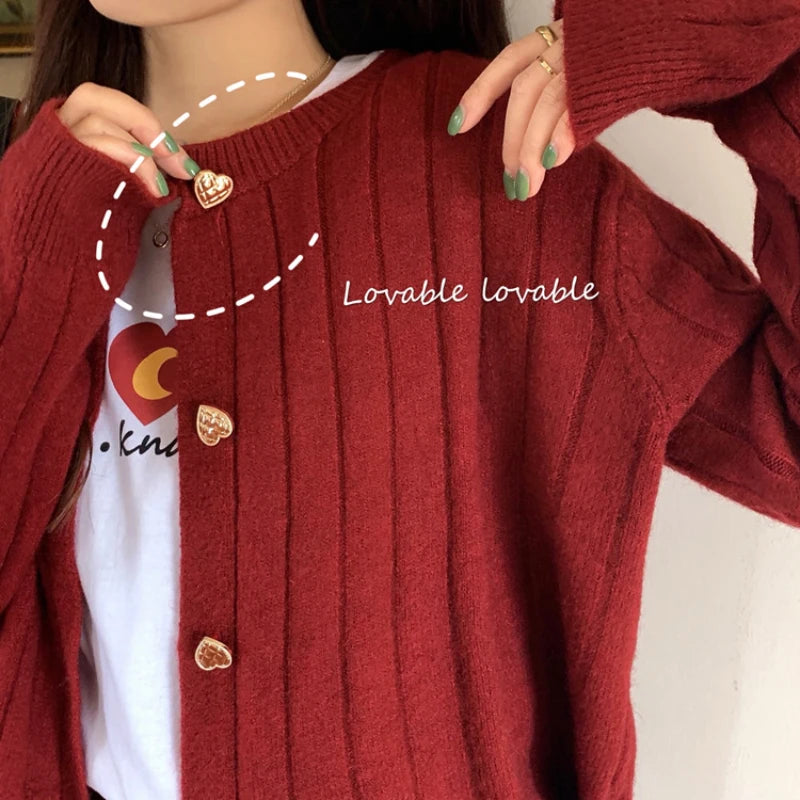 Kawaii Woman Sweaters Knitted Cardigan Winter Korean Fashion Cute Heart Buttons Long Sleeve Burgundy Red White Sweater Tops