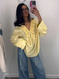 Elegant Casual Ruffles Lace-up Shirts Women Fashion Loose Long Sleeve V Neck Summer Blouse Lady Lightweight Holiday Tops 2025