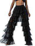 Pbong  Women Wide Leg Pants High Waist Layered Tulle Pants Loose Beach Long Trousers Streetwear