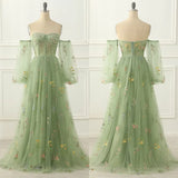 Pbong  Sweetheart Floor Length Tulle Appliques Three Quarter Backless Zipper Up Green Robe Pour Mariage Invité