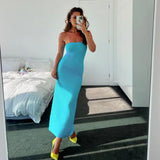 Stripe Cotton Core Spun Yarn Knitted Long Dress Fashion Sexy Slim Strapless Women Dresses Summer Woman Clothing Vestidos