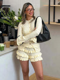 Knitted Cardigan Shorts Suit Women's Long Sleeve Sexy Hollow Top Fashion Slim Shorts Ruffles Splice Female Shorts Sets
