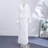 Pbong   Summer Autumn Urban Print Top Skirt Women Set Pleated V-neck Flare Long Sleeve Blouse Trumpet Skirts Holidays Lady Suit New