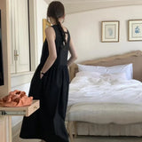 Pbong  French Style White Backless V-Neck Sleeveless Dress Summer Season Loose Waist A-Line Long Dress Backless Design Special Atmos...