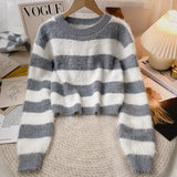 Fuzzy Knit Striped Sweater Pullovers for Women Soft Warm Long Sleeve Crew Neck Crop Knit Top Y2k Teen-girl Autumn Winter Outfit