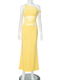 Slanted Shoulders Hollow Sexy Long Dress Woman Solid Sleeveless Mesh Splice Slim Dress Fashion New Lady Vacation Clothes