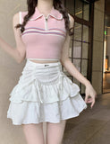 French Style White Mini Skirts Holiday Casual Kawaii High Waist A-line Skirt Sweet Girl Kpop Y2k Skirt for Women Summer