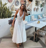 Sexy Backless Deep V-neck Maxi Dress For Women Solid Off Shoulder High Waist Pleated A-line Dresses Female Prom Party Club Robe
