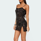 Pbong  Women Summer Flower Sequins Embroidery Ruffles Square Neck Sleeveless Bodycon High Split Short Cami Dress with Scarf