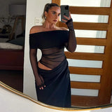 Mesh Patchwork Dress Women Sexy Backless Hollow Out Long Dress 2025 Summer Trend Skinny Stretch Elegant Clubwear Maxi Dresses
