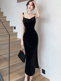 Black Velvet Backless Sexy Sling Slit Long Dress for Women Autumn Winter Elegant Dance Party Dress 2023 Korean Vintage Vestidos