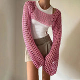 Pbong  New Harajuku Grunge Solid Slash Neck Women Crop Pullovers Y2k Aesthetic Knitted Sexy Sweaters Streetwear Hollow Out Autumn Tops
