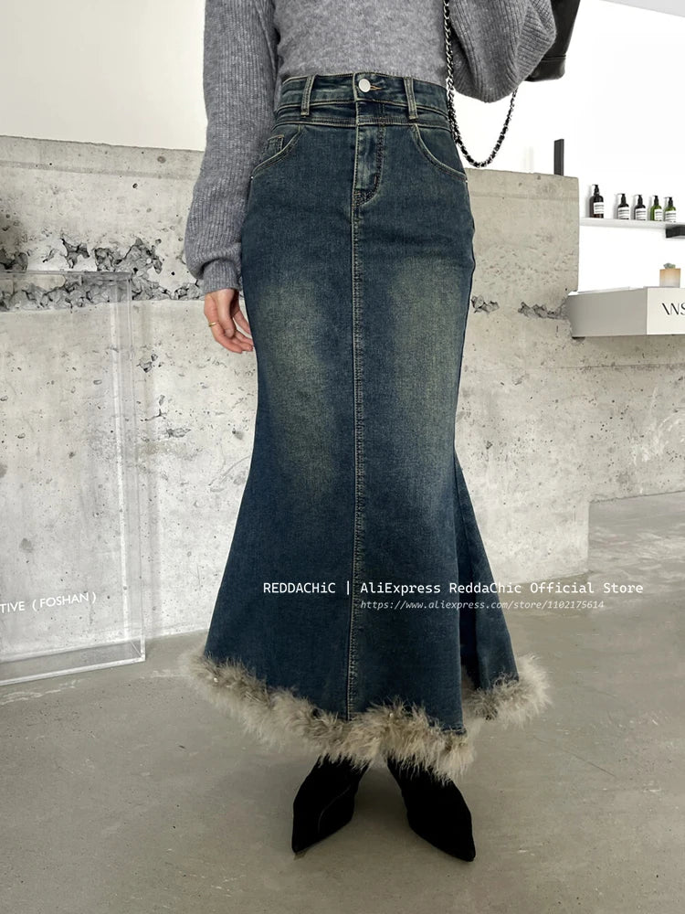 Winter Fur Trim Fishtail Long Jeans Skirt Women Feather Stitch Blue High Waist Denim Maxi Skirt 90s Retro Y2k Bottoms