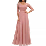 Pbong  New 6-Color 5-Size Lace Splicing Long Waist-Cinching Elegant Dress Floor-Length V-Neck Polyester Fiber Evening Gown Dress