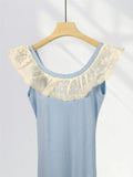 Peter Pan Collar Ruffle Knit Long Dress 2025 Blue Embroidery Patchwork Sweet Chic Tank's Dress Sleeveless Slim Summer Dresses