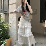 White Gauze Half Skirt Women Summer New French Vintage Cake Skirt High Waist A-line MIDI Skirt Korean Fashion Faldas