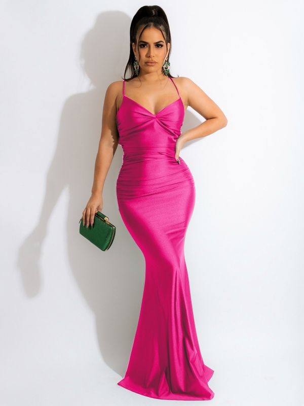 Lace Up Women Solid Satin Maxi Dress Backless Bodycon Sexy Streetwear Party Elegant Festival Evening  Summer Outfit