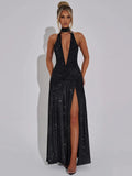 Glitter Deep V Neck Sexy Maxi Dress For Women Gown Fashion Sparkle Halter Sleeveless Backless Split Club Long Dress
