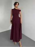 Women Fashion Slanted Shoulder High Waist Pleated Dress Elegant Sleeveless V-neck Long Robes Vocation Beach Street Vestidos