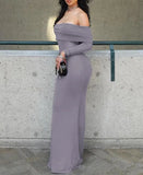 Neck Long Sleeve Solid Elegant Sexy Slim Bodycon Maxi Prom Dress 2023 Summer Women Y2K Wedding Party Goth Clothes