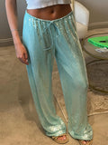 Pbong  Sequin Loose Lace Up Pants Women Casual Elastic Low Waist Wide Leg Trousers Female Summer Lady Shiny Party Club Pant New