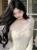 Autumn New Elegant Midi Dresses For Women Lace Patchwork Flare Sleeve A-line Dress Birthday Party Dance Wedding Vestidos Mujer