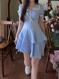 Pbong  French Sweet Dresses Peter Pan Collar Puff Sleeve Plaid Pleated Irregular Ruffles Dress Summer Female Slim Women's Clothing