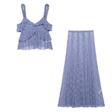 Purple Blue Lace Tank Top Long Skirt Vacation 2 Piece Set Ruffle Vest + A-line Skirt Thin Transparent Fashion Summer Outfit