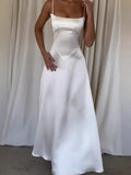 Elegant White Satin Drawstring Tie Backless Long Dress Women High Waist Square Neck Slim Sling Dresses New Sexy Beach Robes