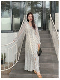 Korean Floral Print Sweet Long Dress 2025 New V-neck Ruffle Chic Spring Dress Lantern Sleeve Slit Fashion Vacation Summer Dress