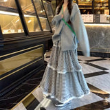 Kawaii Harajuku Plaid Skirt Women Preppy Style Sweet Long Skirts Retro Lace Patchwork A-line Ruffle Skirts Streetwear