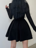 Black Long Sleeve O Neck Pleated Dress
