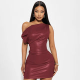 Luxury Leather Strapless Short Dress Chic Womens Summer Sexy Party Waist Curvy Dresses 2025 Evening Red Green Brown Y2K Cocktail