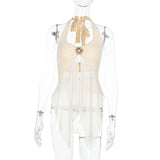 Absobe Halter Tie-Back Sheer Mesh Patchwork With Metal Accents Tank Top Backless Y2K Vest For Women Chic Streetwear Blouse