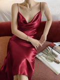 Women Satin Solid Color Swinging Collar Evening Dress Elegant Party Dresses New Summer Sexy Spaghetti Strap Backless Maxi Dress