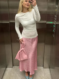 2025 Summer Floral Printed Pink Long Skirt For Women Casual High Waist Slim Elegant Party Maxi Skirt Female Stain Dress Clothes