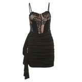 Pbong  Black Lace Bow Mini Dress See Through Ruched Short Dress Celebrity Night Club Wear Cocktail Party Outfits