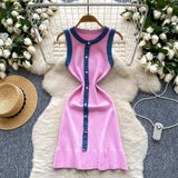 Pbong  Chic Fashion Sexy Package Hips Knitted Mini Dress Summer Vintage Denim Patchwork Ruffled Party Dress Streetwear