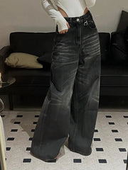 Vintage Black Wide Leg Jeans Women Oversized High Street Korean Fashion Baggy Denim Trousers Grunge Y2k Female Hip Hop
