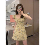 Pbong  Summer Women's Dress Cherry Yellow Flower Slimming High Neck Short Sleeve A-Line Skirt CleanFit Style High Waist Cotton Fabric