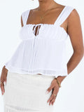 Women Summer Spaghetti Strap Camis Tops Y2K Casual Ruffles Sleeveless Square Neck Lace-up Solid Tank Mini Vests